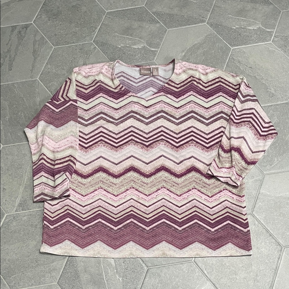 Chico’s Chevron Knit Sweater Top – Pink & Purple – V-Neck – Size 2